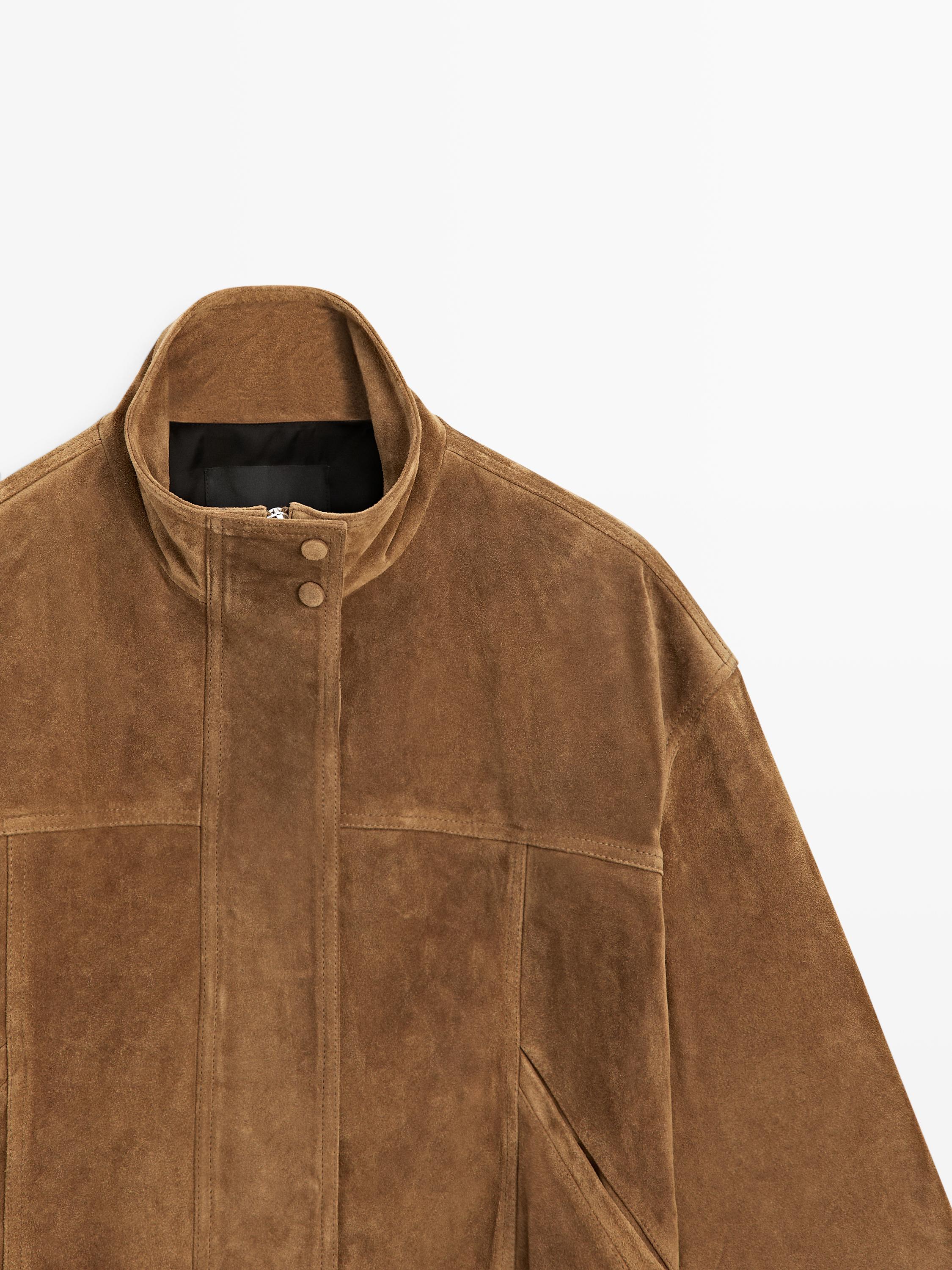 Blouson bomber court en cuir daim